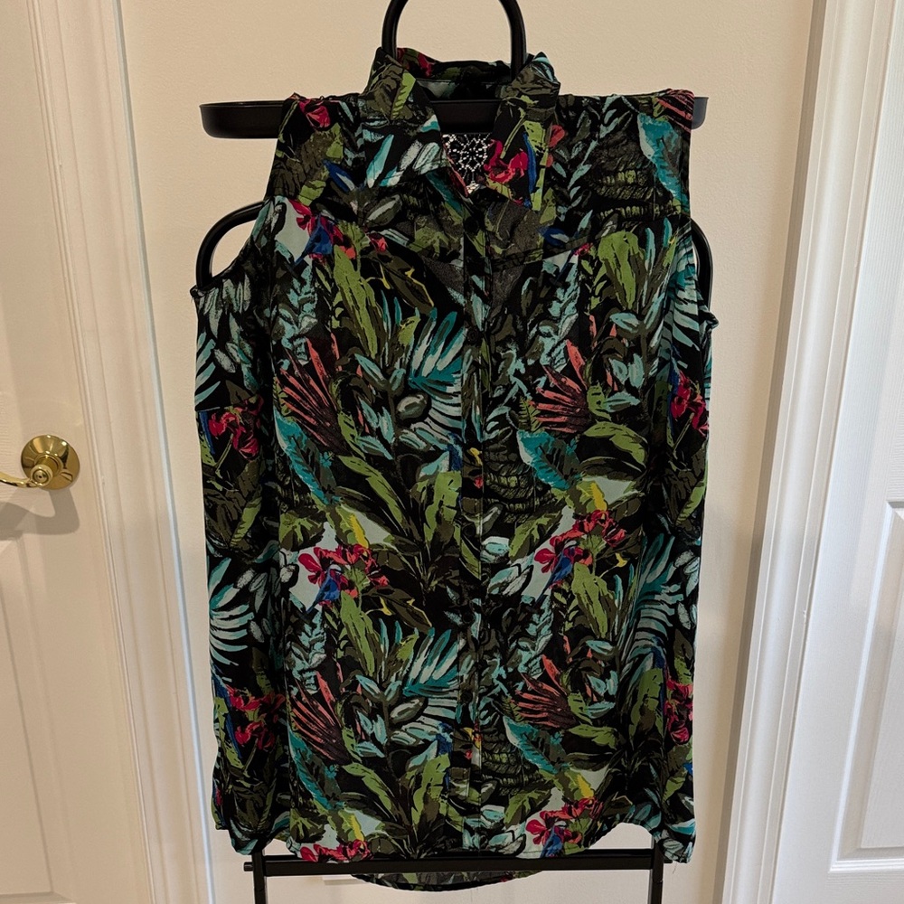 Tropical Print Sleeveless Blouse - Green and Black